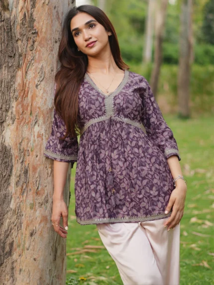 Purple Printed Silk Blend A-line Kurti