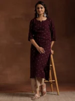 Wine Woven Design Viscose Rayon Straight Kurta