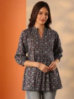 Blue Printed Cotton Straight Short Kurti - Image 3