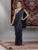 Silver and Blue Sequin Embellished Crop Top and Pre-Stitched Saree (Set of 2) - Image 3