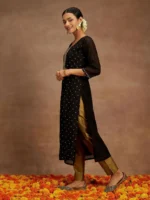 Black Woven Design Chanderi Silk Straight Kurta - Image 3